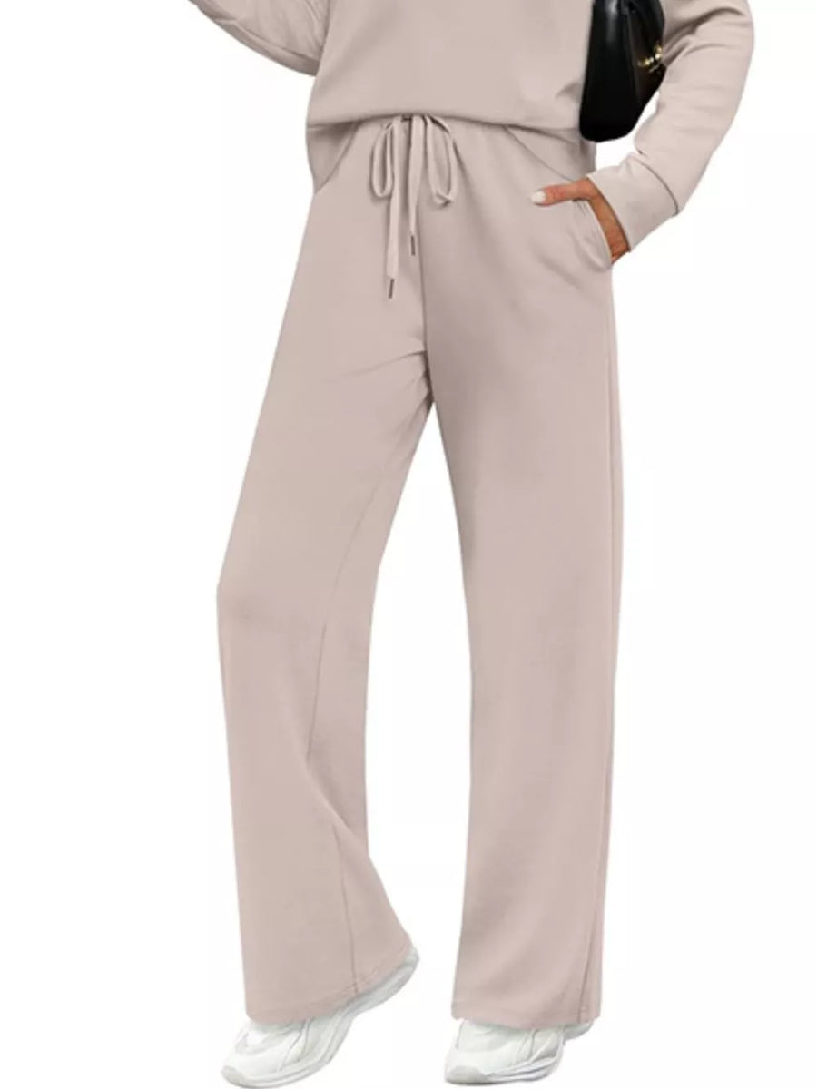 Navy Blue Casual Long Sleeve Crewneck Top & Drawstring Pants Set