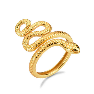 Gold coiled serpent ring with textured scales and a detailed head.