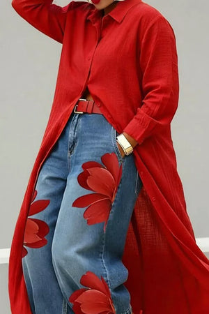 Deep Red Button Up Long Sleeve Longline Shirt