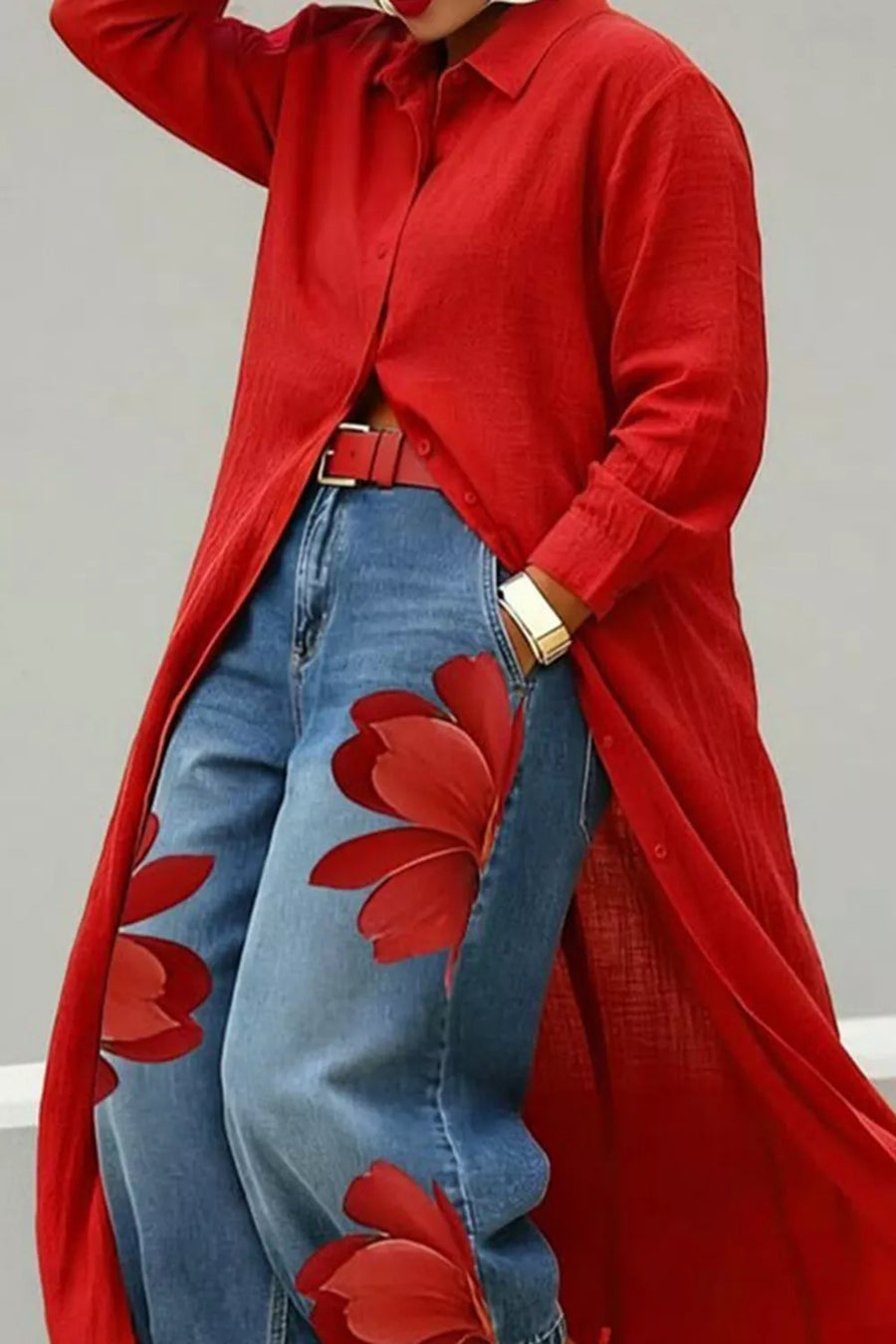 Deep Red Button Up Long Sleeve Longline Shirt