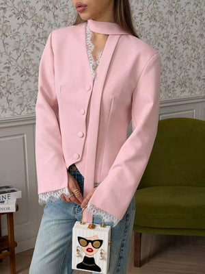 100% polyester Care instructions: Machine wash cold blazer in Blush Pink with fitted silhouette