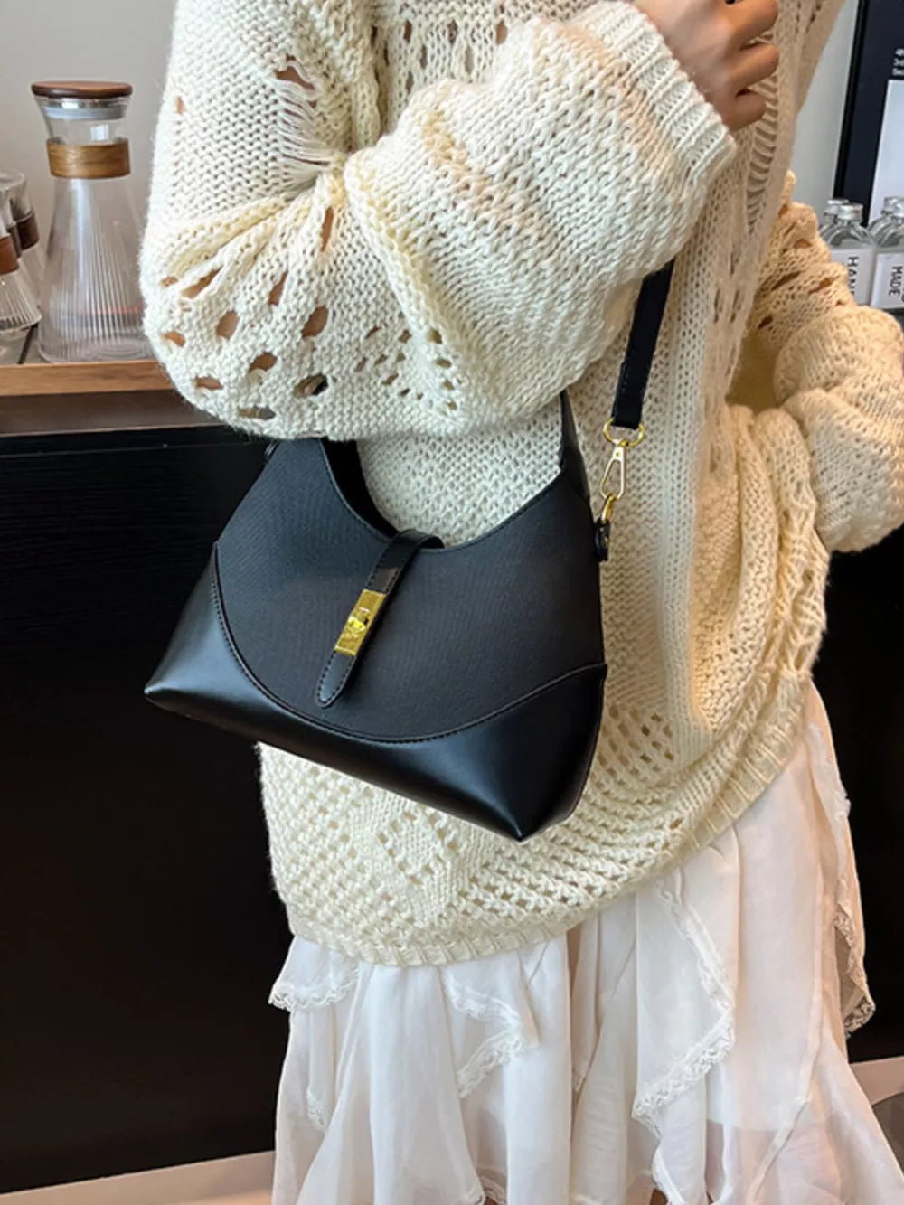 Pu Leather Crossbody Bag in Black