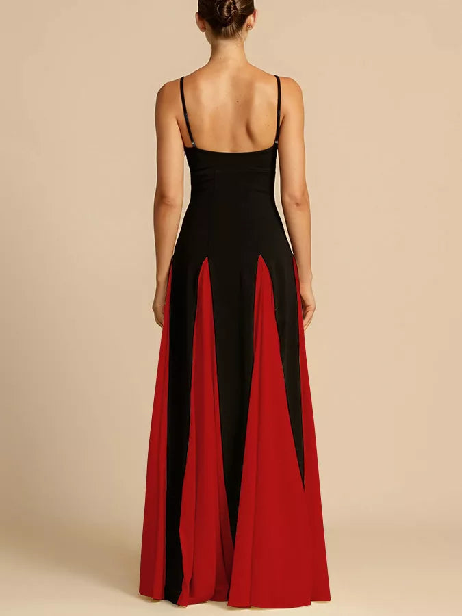 Elegant black and red maxi dress with spaghetti straps and a flowing skirt.