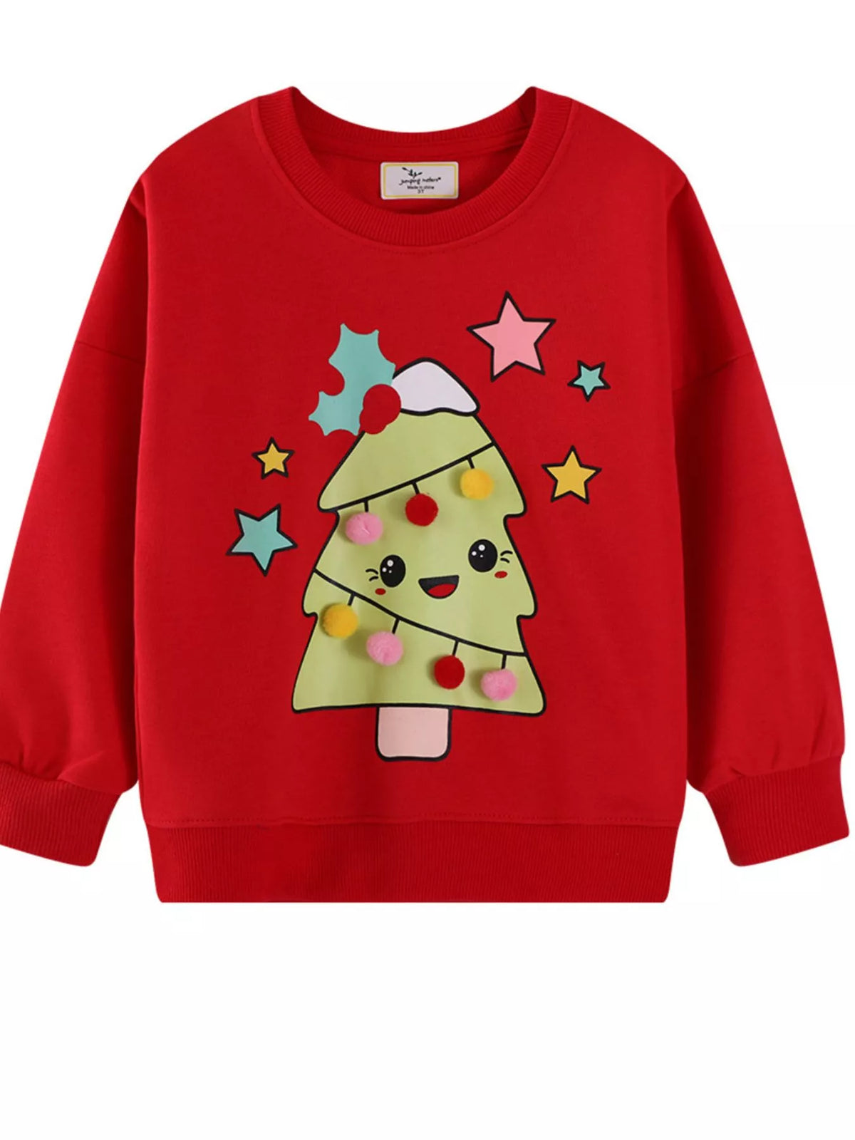 Red Christmas tree graphic sweatshirt for kids with pom-pom ornaments and stars.