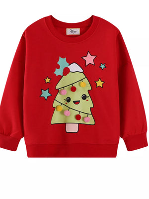 Red Christmas tree graphic sweatshirt for kids with pom-pom ornaments and stars.