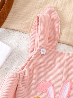 Pink corduroy baby one-piece with bunny embroidery and ear straps.