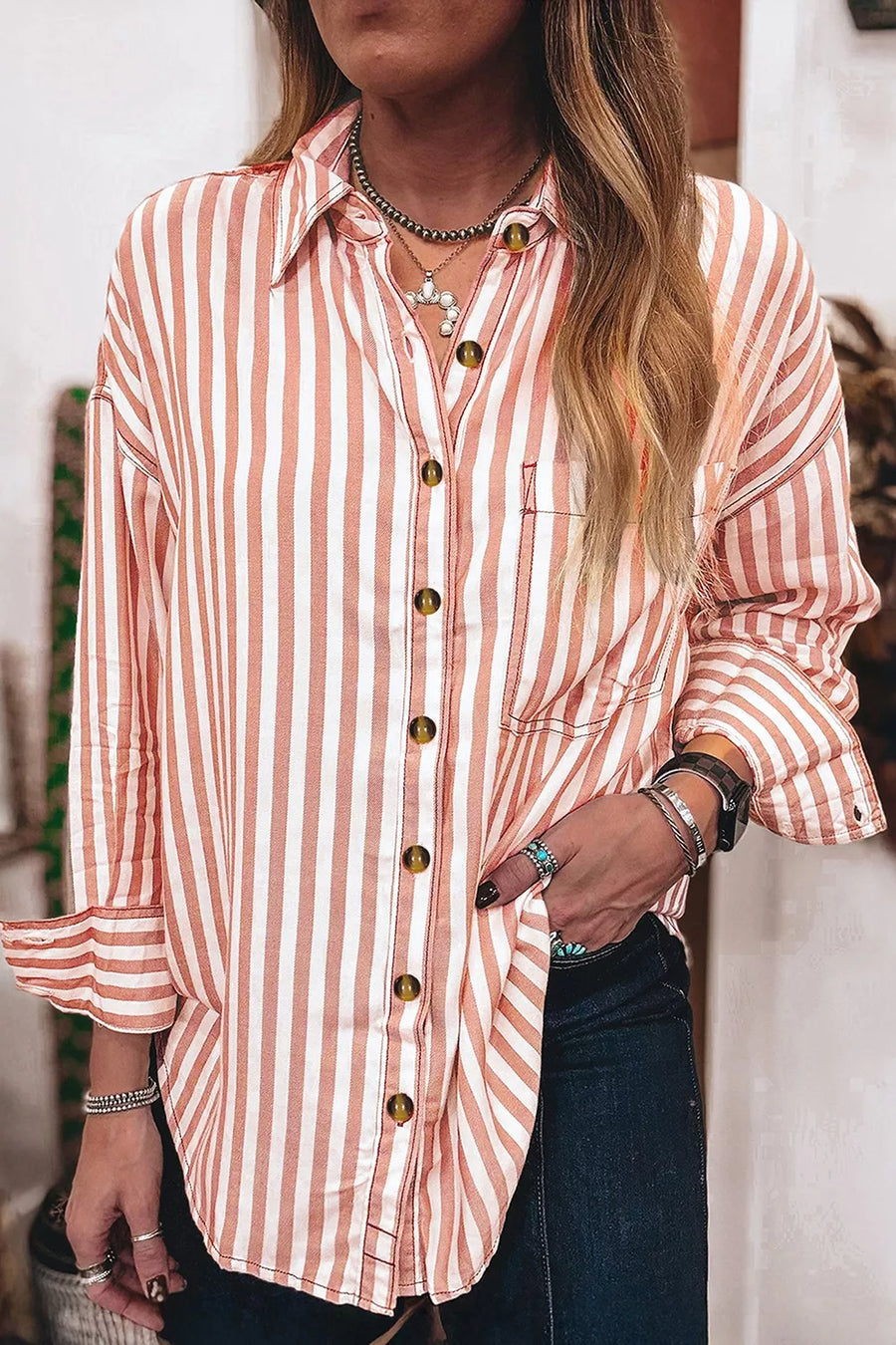 Stripe Western Button Down Long Sleeve Shirt option 4