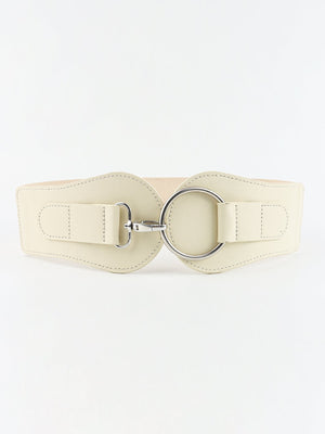 White cincher belt with sculpted buckle and silver hardware