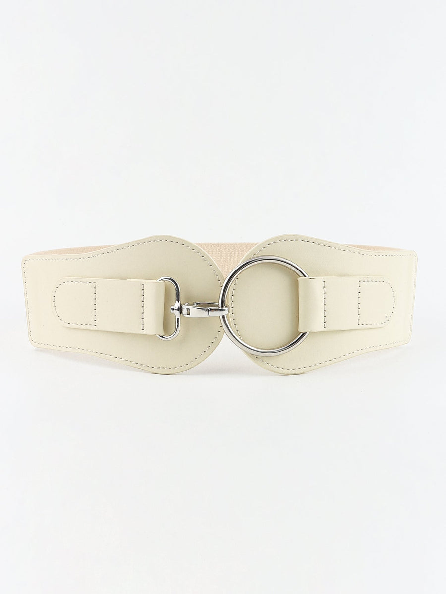 White cincher belt with sculpted buckle and silver hardware