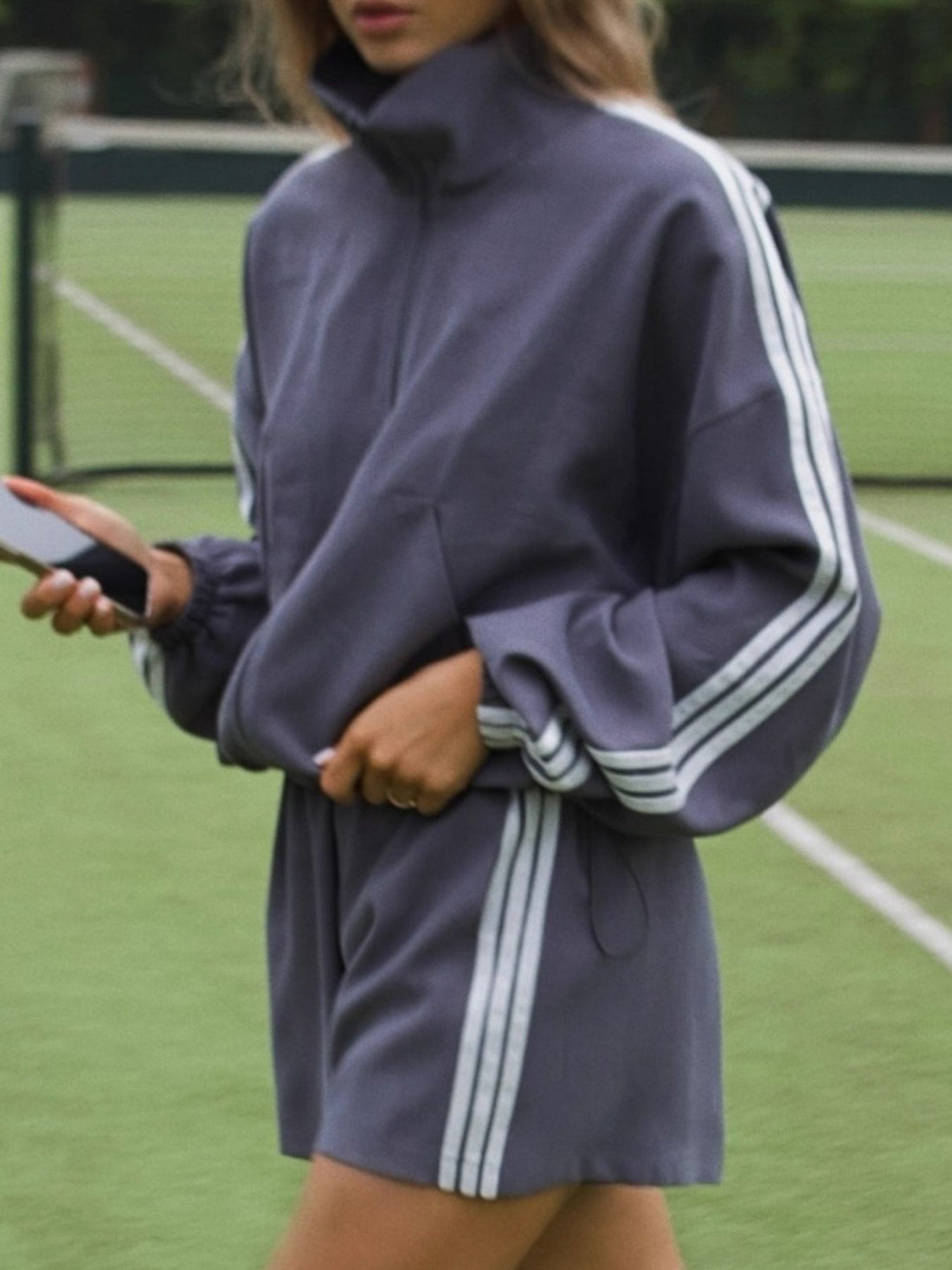 slate gray track jacket with striped and mock neck