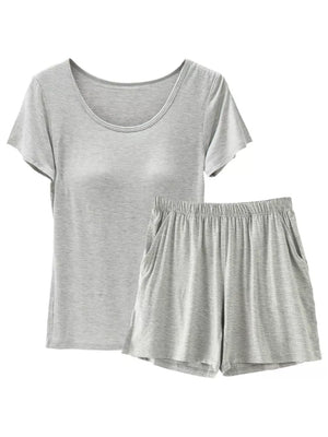 Heather Gray two-piece pajama set with a scoop neck tee and drawstring shorts with pockets.