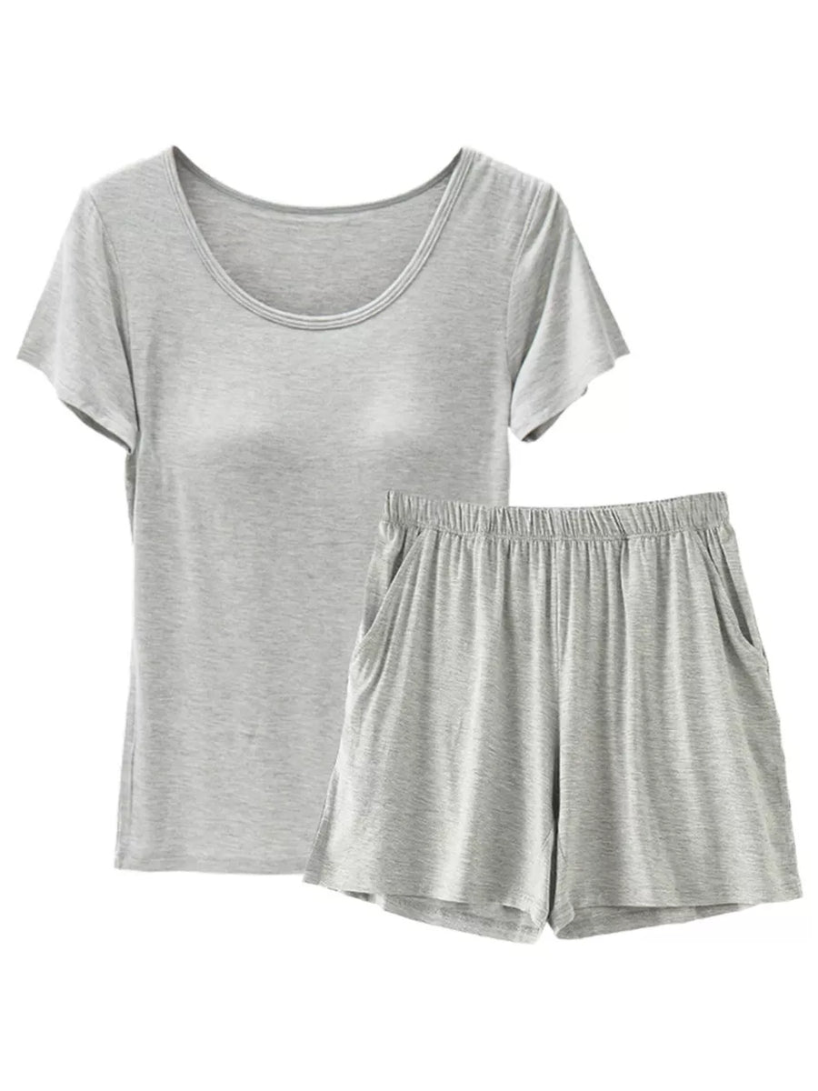 Heather Gray two-piece pajama set with a scoop neck tee and drawstring shorts with pockets.