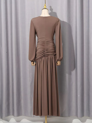 Brown with Ruched Long-sleeve Maxi Dress With Cutout in Brown
