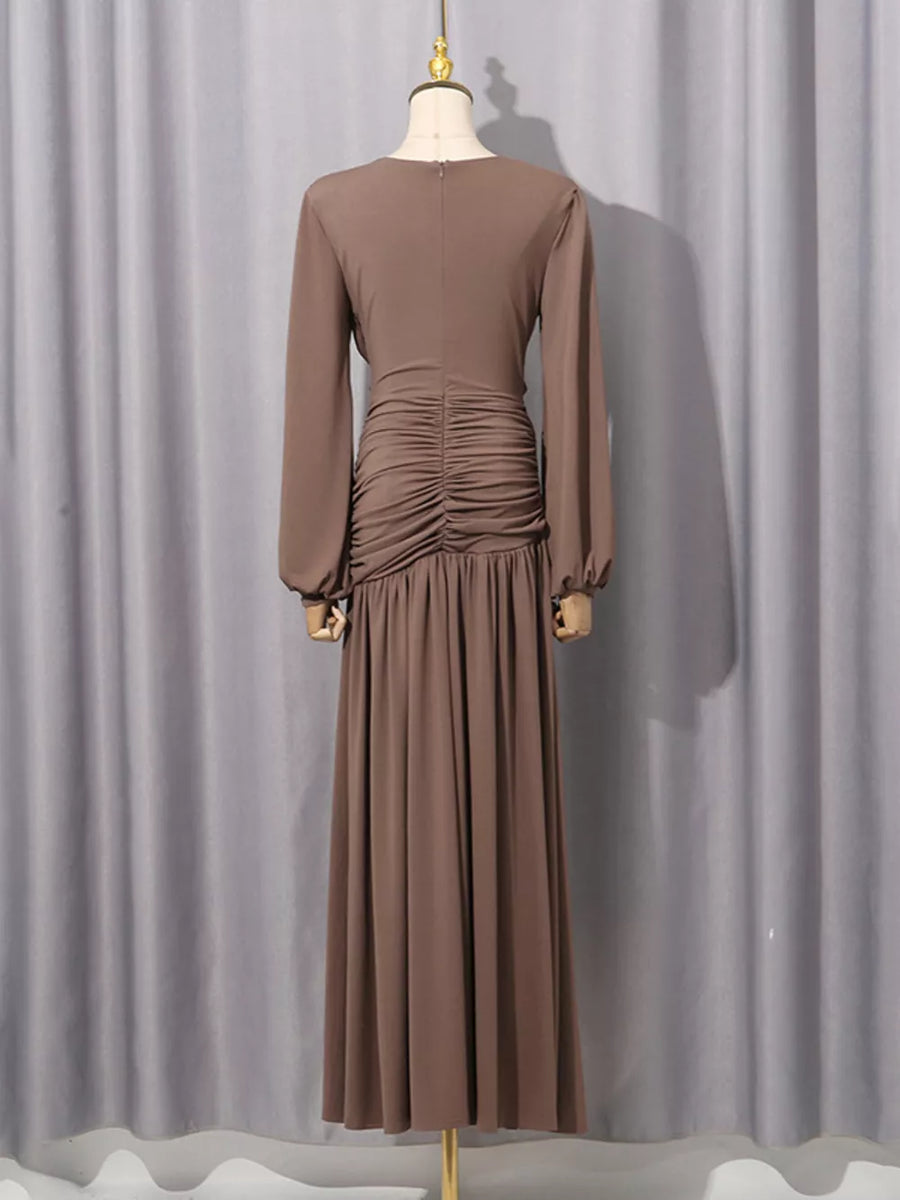 Brown with Ruched Long-sleeve Maxi Dress With Cutout in Brown
