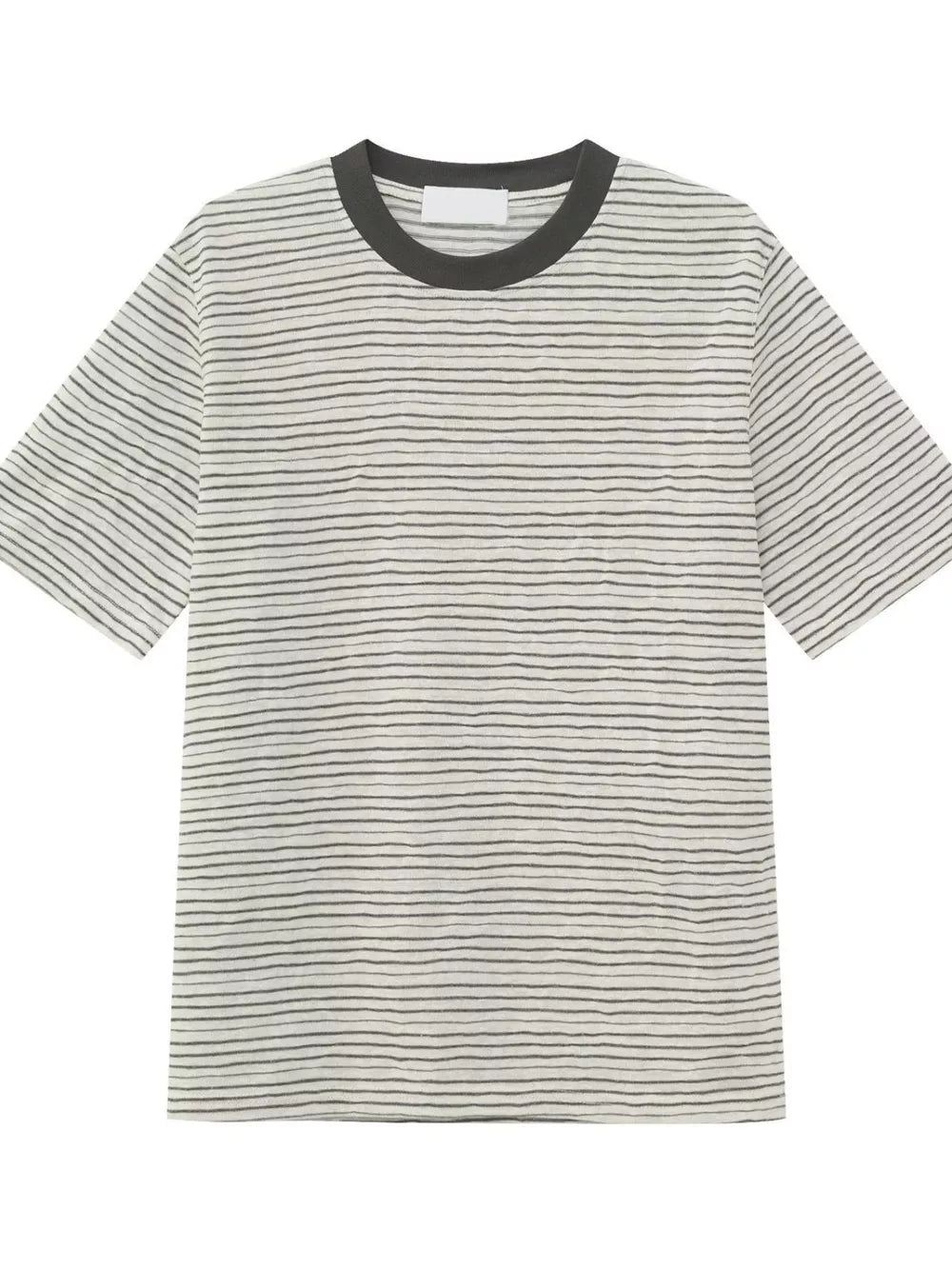 Essential striped crew neck t-shirt in white with grey stripes and a dark grey neckline.