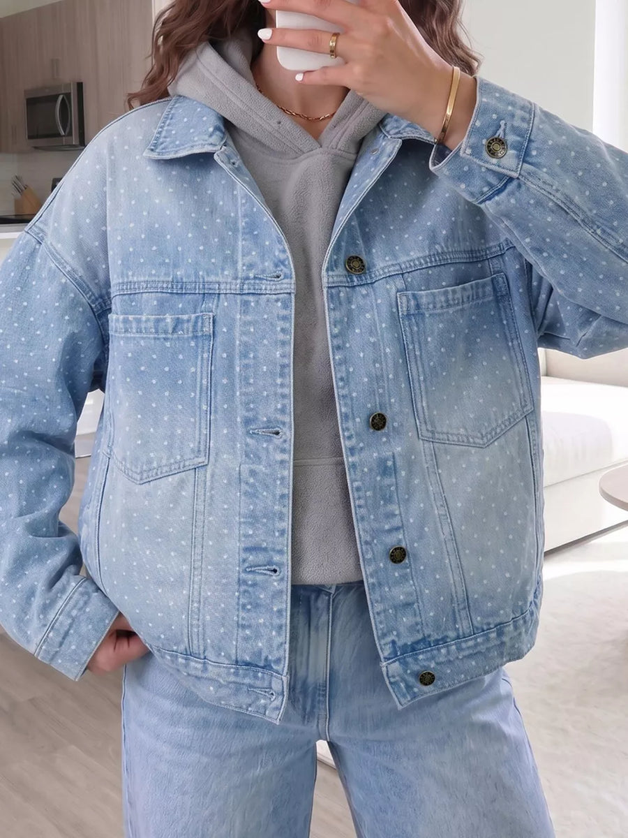 light blue denim jacket with hip-length and button-front
