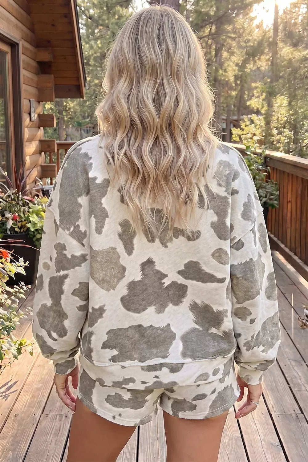 slate gray lounge set featuring drawstring and cow-print