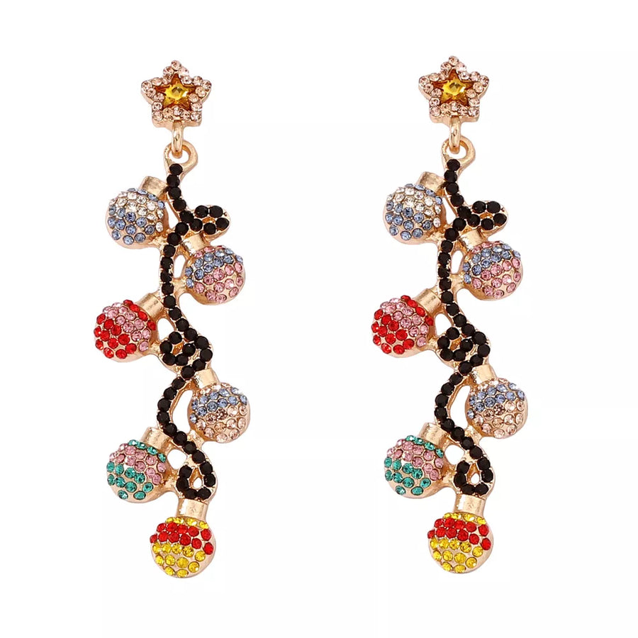 earrings in gold with novelty and rhinestone embellishment