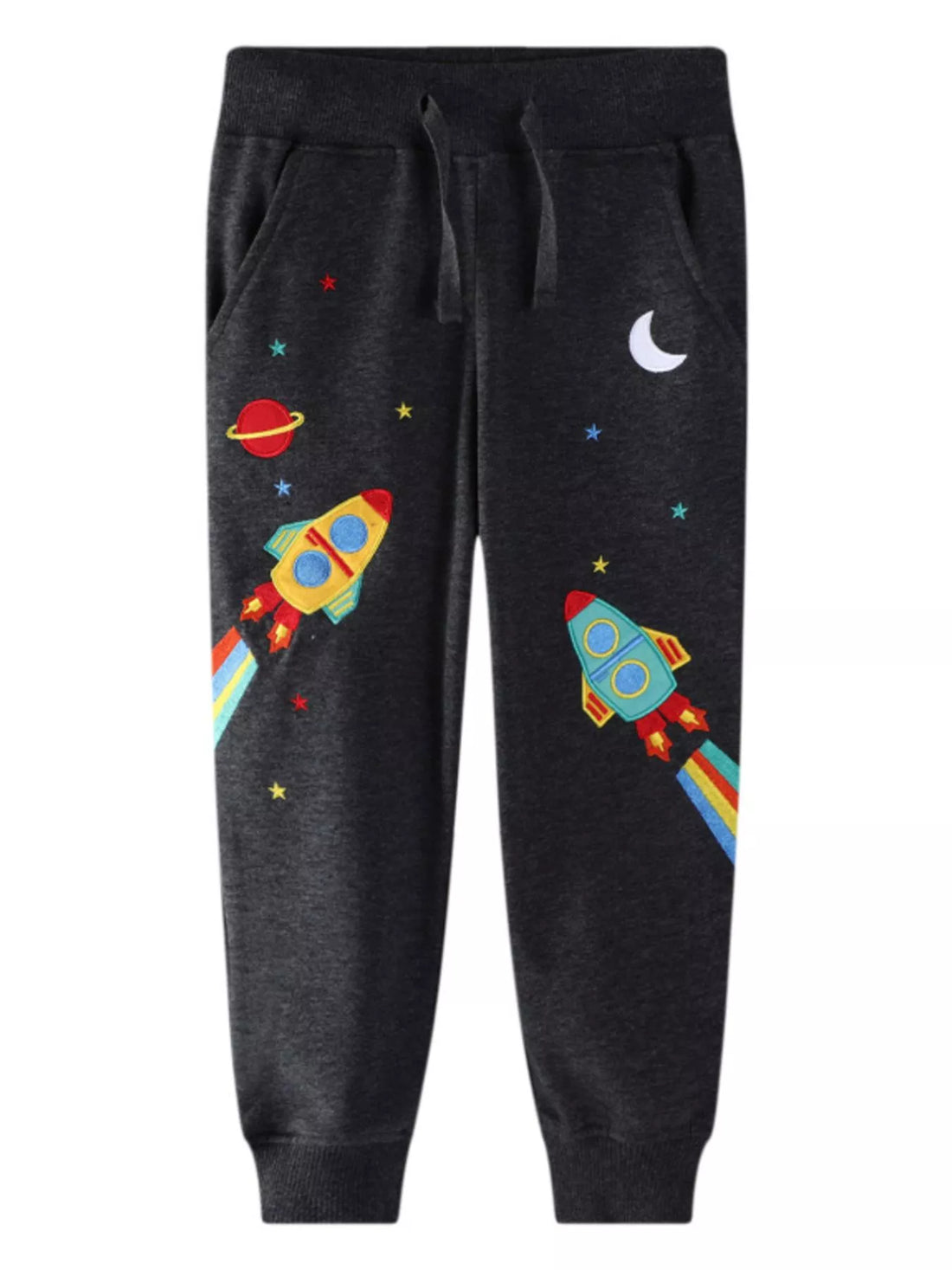 Black embroidered rocket joggers for kids with planets and stars.