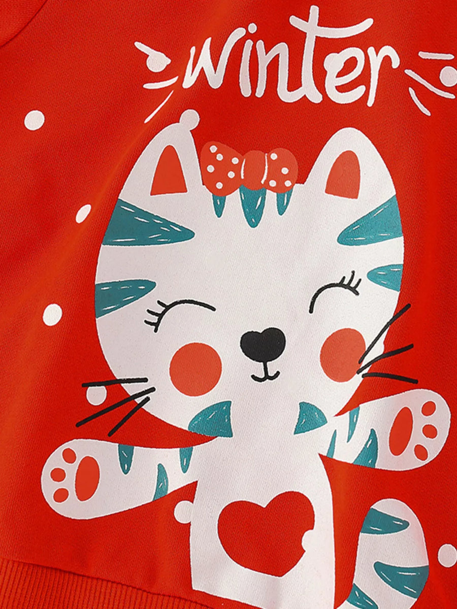 Red crew neck sweatshirt with a cute white cat graphic and "winter" text.