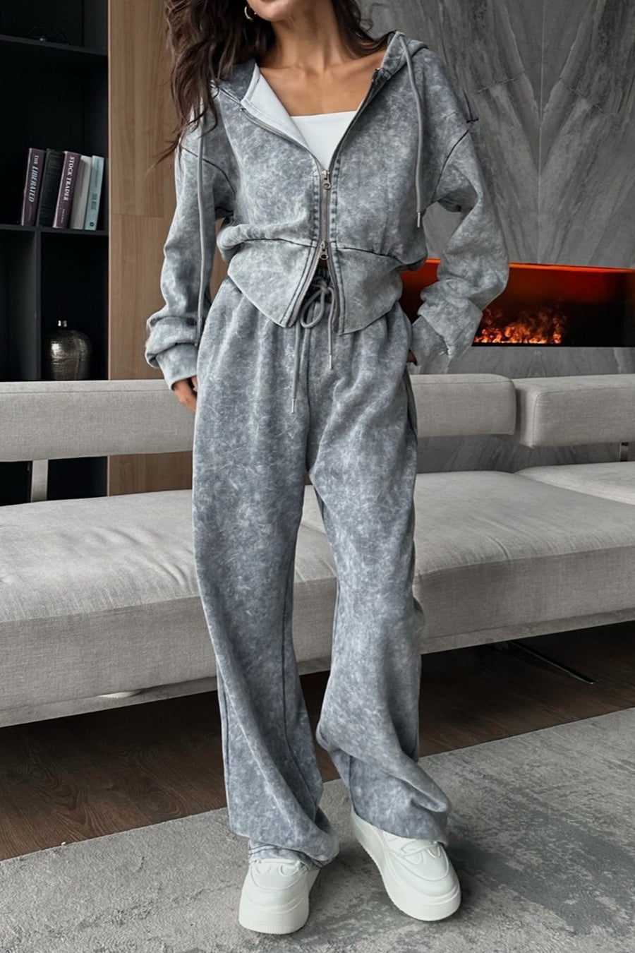 hoodie and sweatpants set in charcoal featuring drawstring and relaxed fit