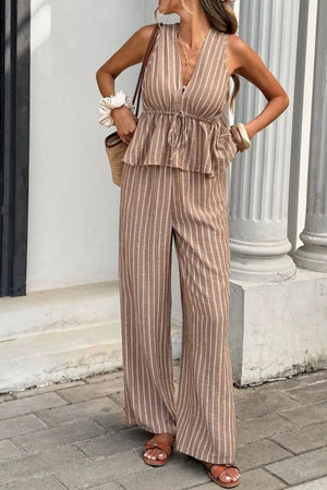 Chic striped two-piece set in camel with peplum top and wide-leg pants.