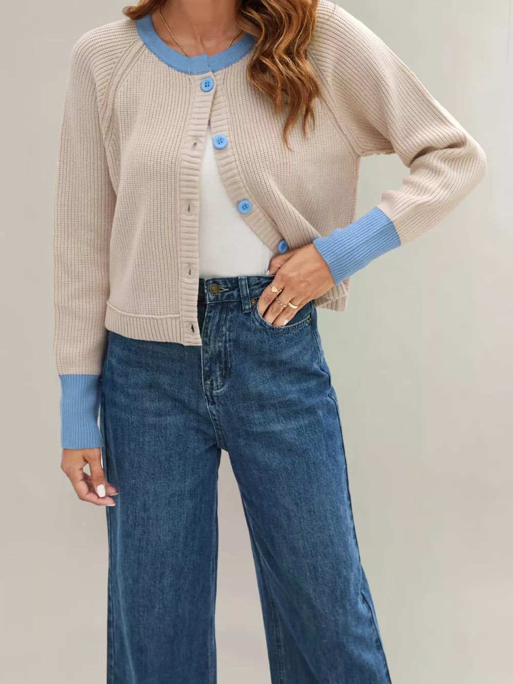 light blue cardigan featuring ribbed and color-block