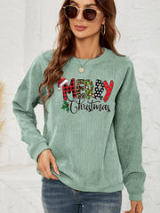 Sage corduroy sweatshirt with Merry Christmas graphic and Santa hat detail.