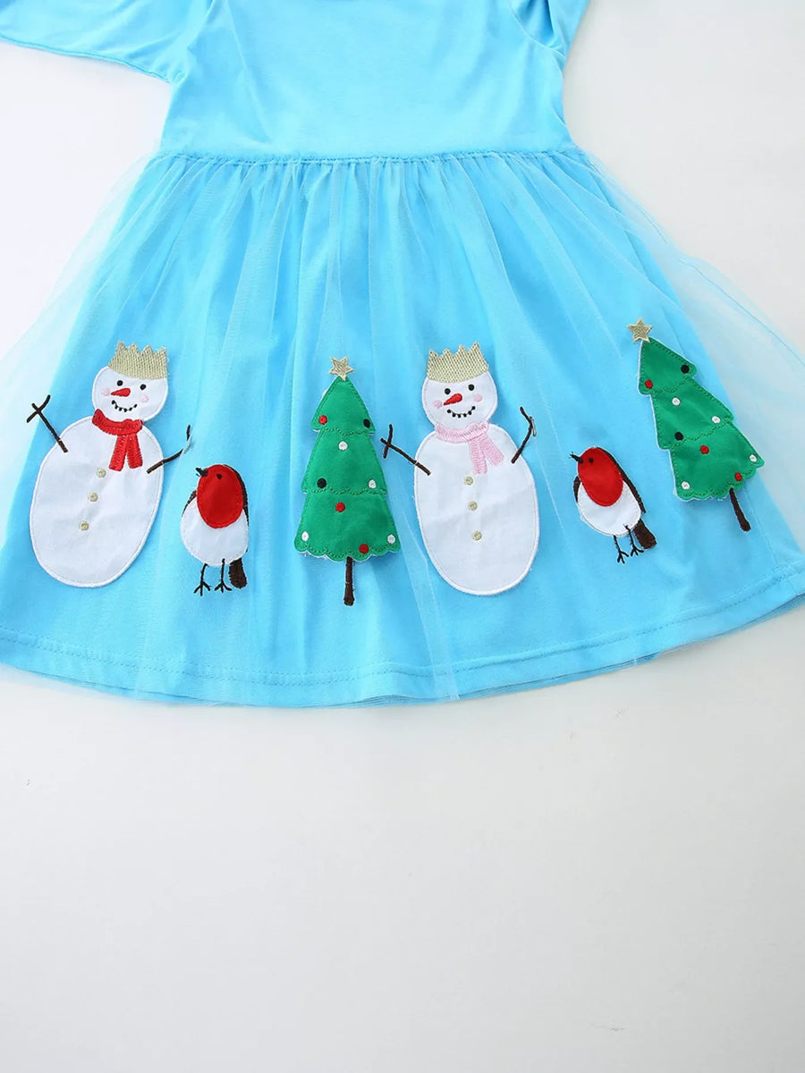 Baby blue long-sleeve cotton dress with snowman and Christmas tree applique.
