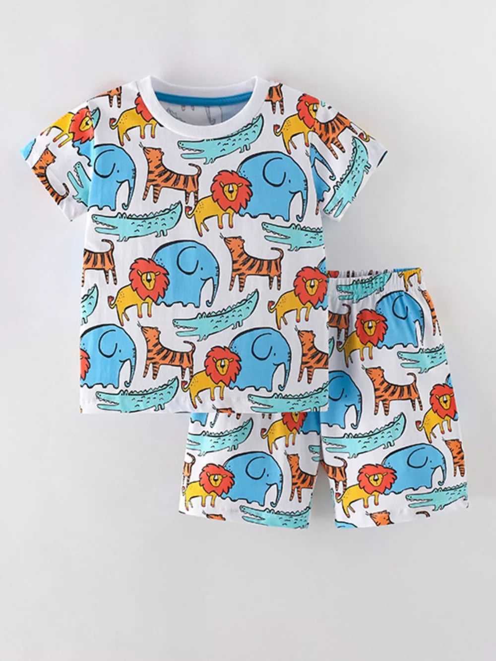Baby t-shirt and shorts set with colorful animal print, cotton blend.