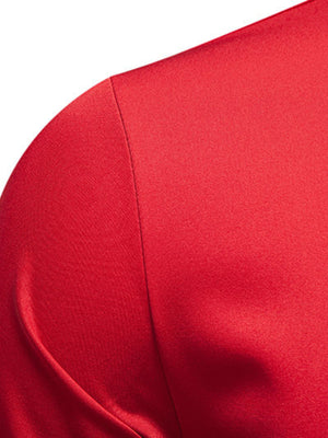 Men's red cotton button-up shirt detail