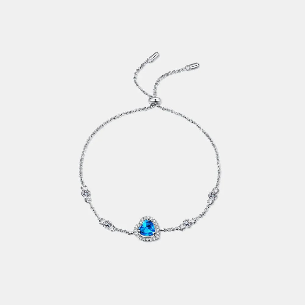 Blue heart halo moissanite adjustable bracelet with clear accent stones