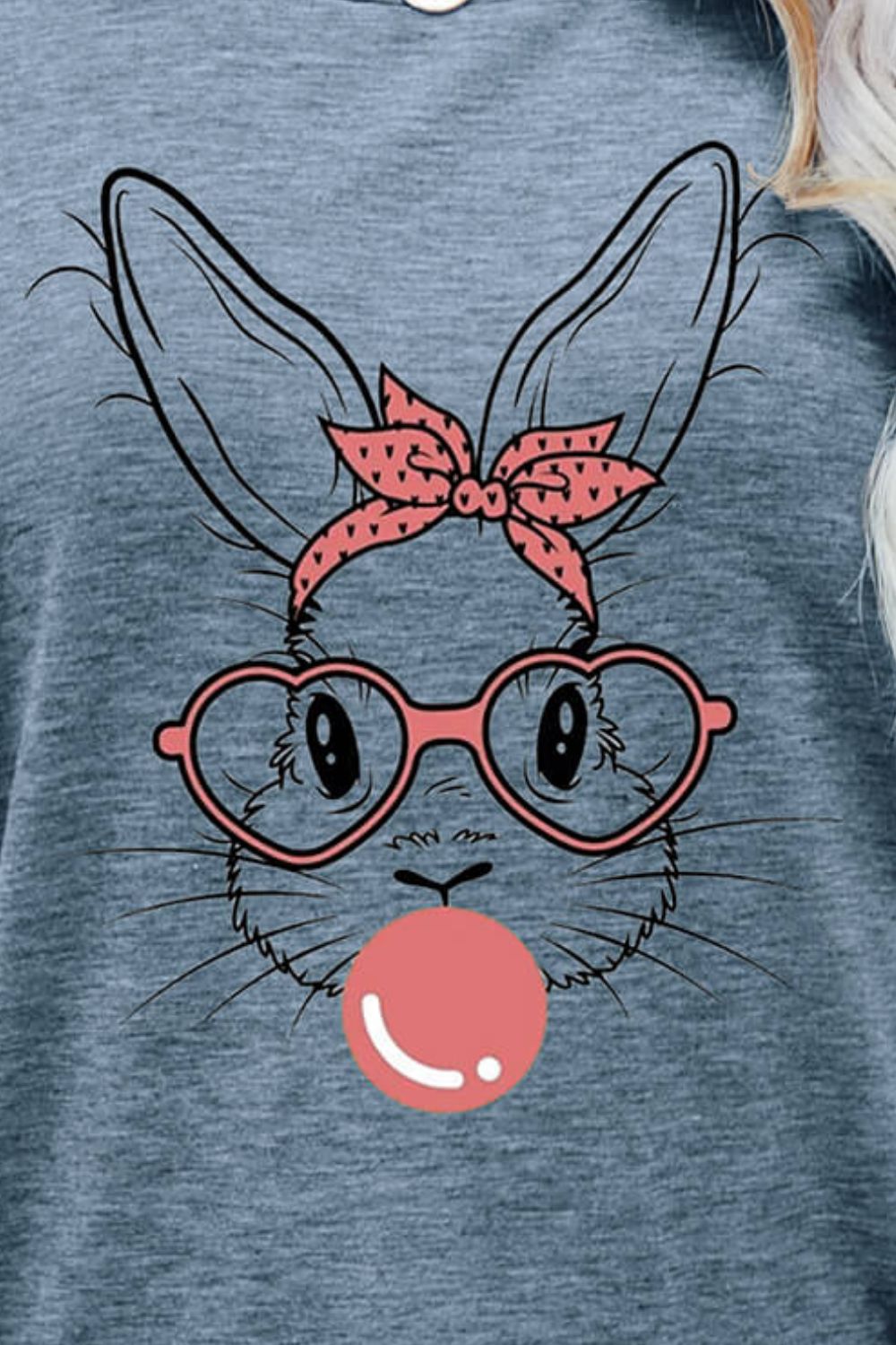 Heather Gray t-shirt with a graphic of a bunny wearing glasses and a pink polka dot bandana, blowing a pink bubble.