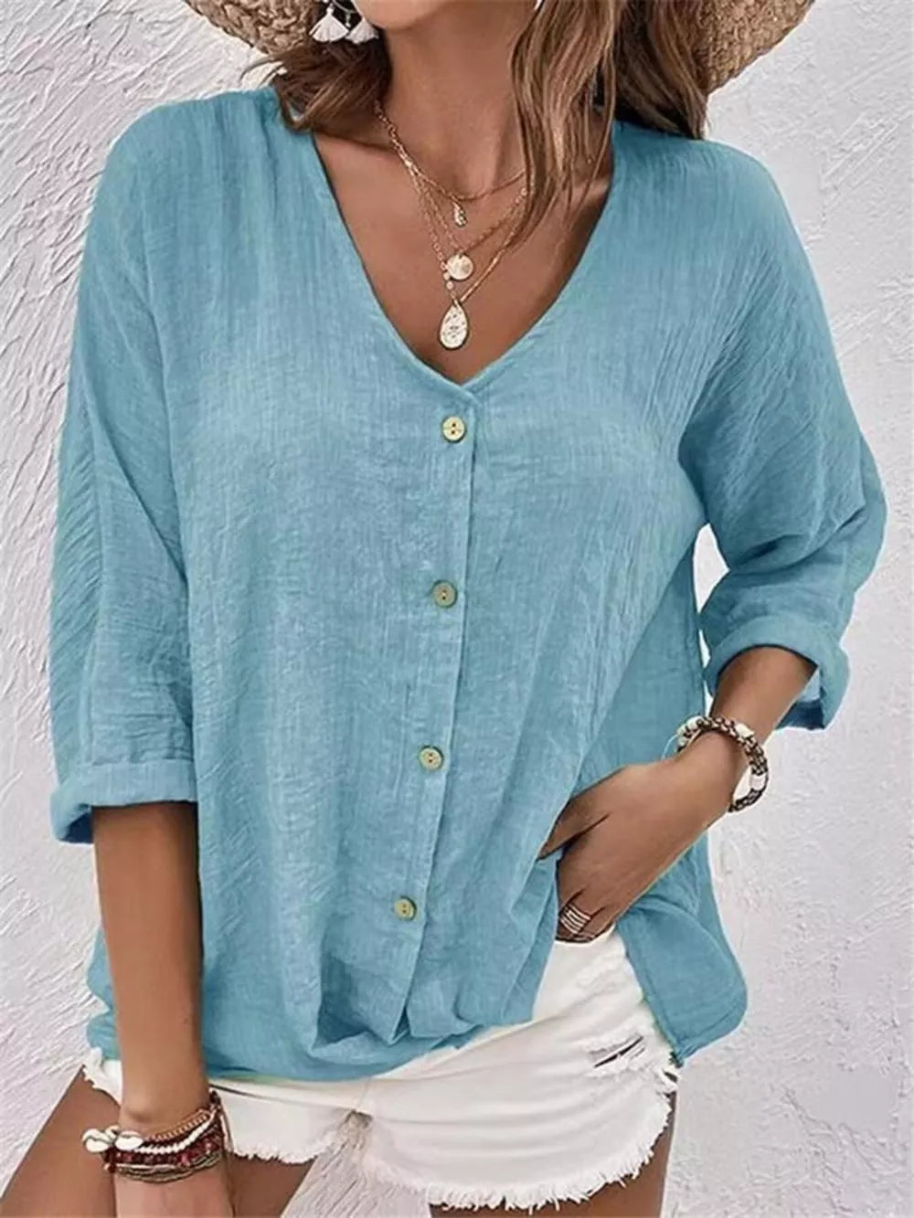 Blue Full Size Casual V-neck Button-down Blouse