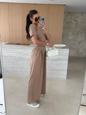 Mocha crop top and wide-leg pants set with drawstring waist.