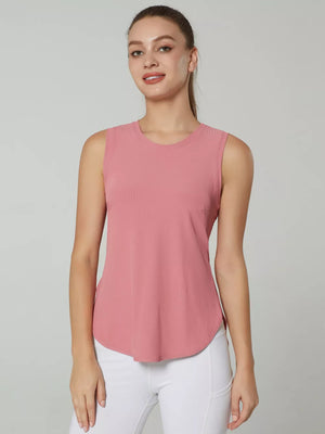 Pink ribbed sleeveless scoop neck tank top with curved hem