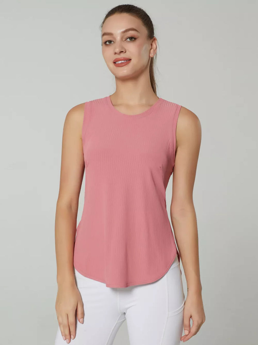 Pink ribbed sleeveless scoop neck tank top with curved hem