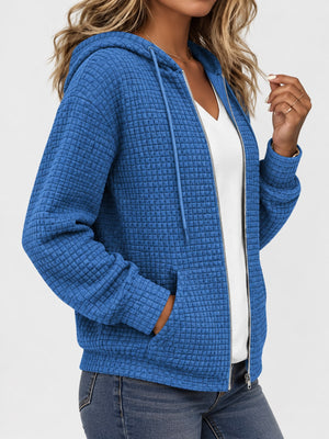 Waffle Knit Zip-Up Hoodie With Drawstring in blush pink