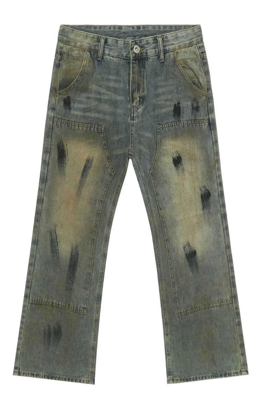 Distressed medium wash denim carpenter jeans with black brushstroke details.