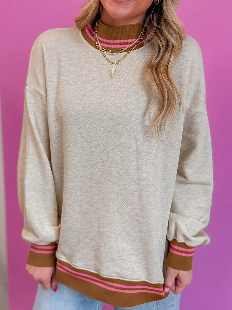 Light Gray with Ribbed Stand Neck Loose Fit Sweatshirt