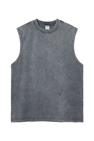 Gray acid wash muscle tank top with raw edges and crew neckline.