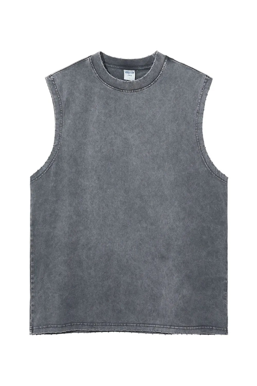 Gray acid wash muscle tank top with raw edges and crew neckline.