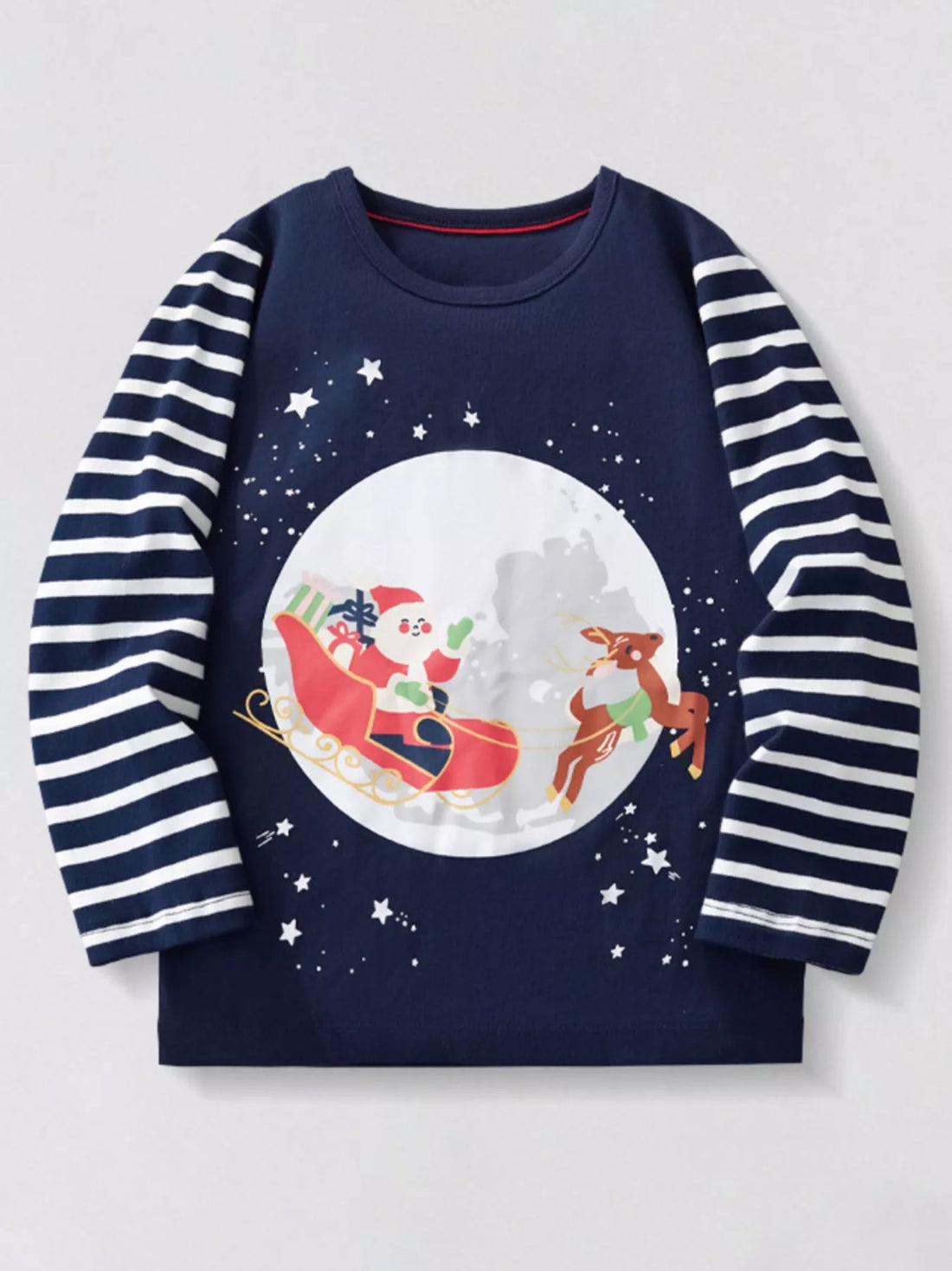 Dark Navy 100% cotton long-sleeve tee with Santa in sleigh graphic and striped sleeves.