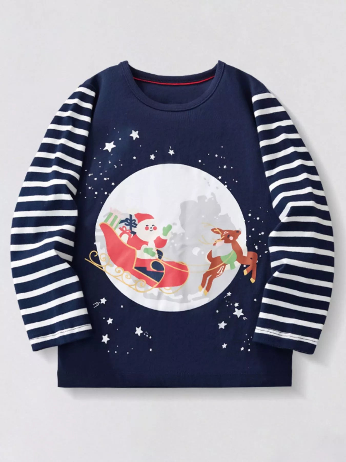Dark Navy 100% cotton long-sleeve tee with Santa in sleigh graphic and striped sleeves.