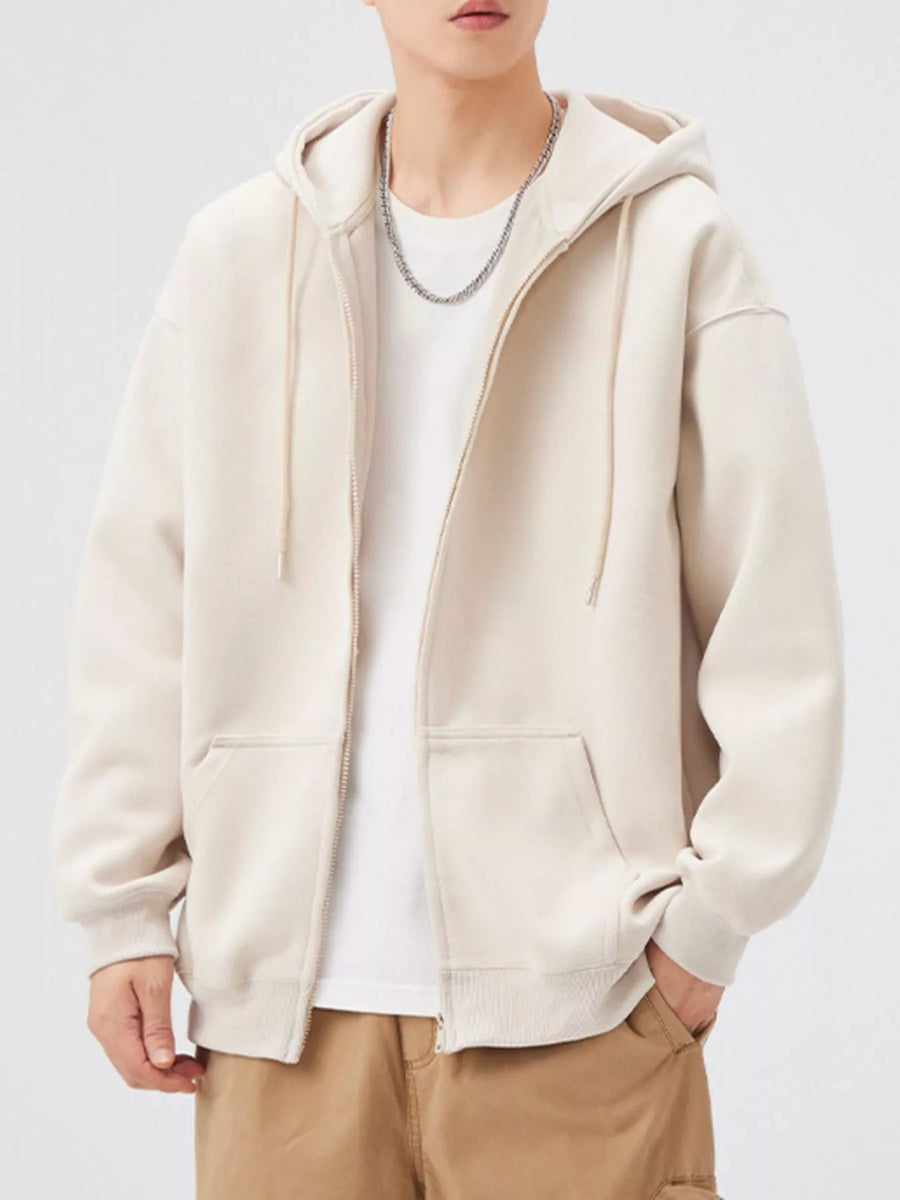 Casual loose fit zip-up hoodie in apricot with drawstring hood and front pockets.