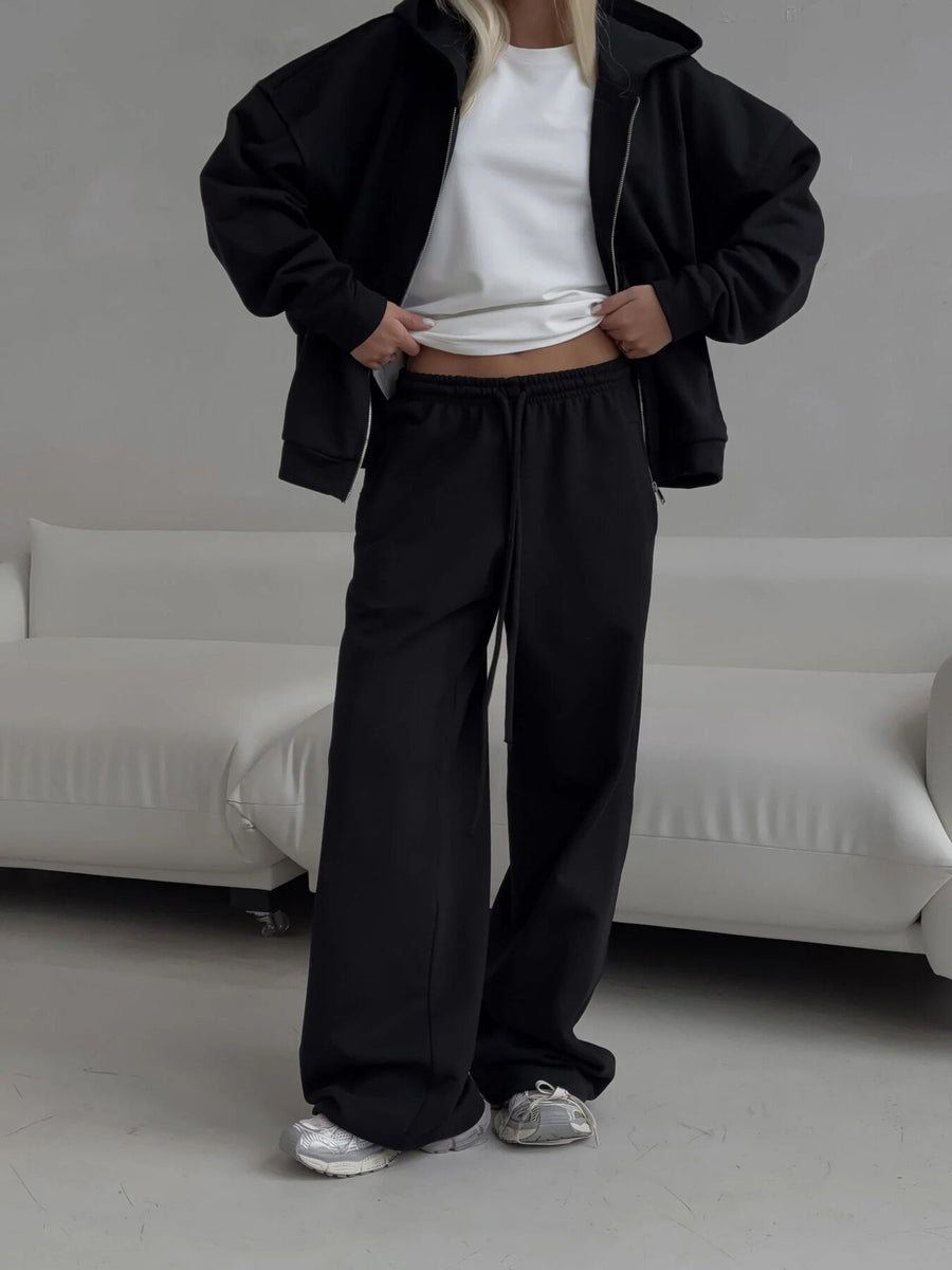 Casual Zip-Up Hoodie And Wide-Leg Sweatpants Set in Black with pocketed