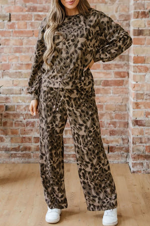 tan pajama set with leopard-print and crew neck