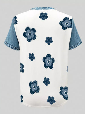 White blouse with denim sleeves and blue floral print