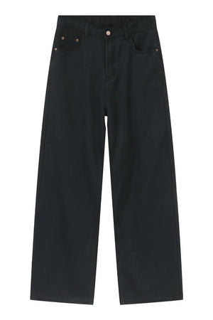 Black denim jeans with a wide leg and front pockets