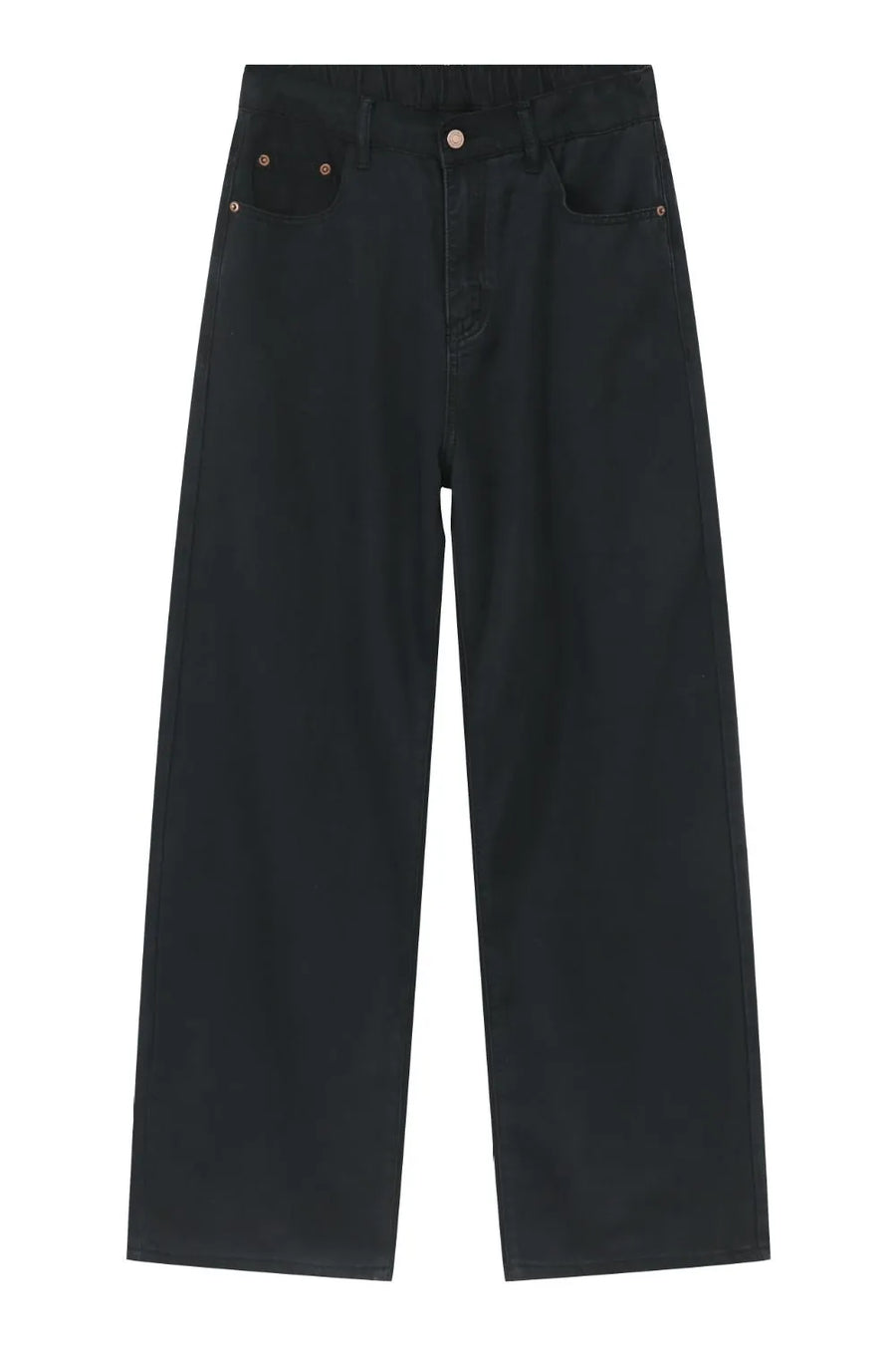Black denim jeans with a wide leg and front pockets